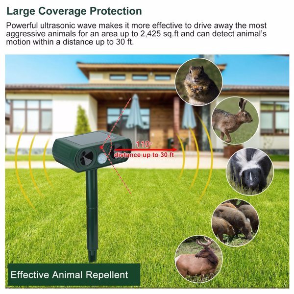 Ultrasonic Animal Repellent Solar Motion Sensor Repellent IPX4 Outdoor Waterproof