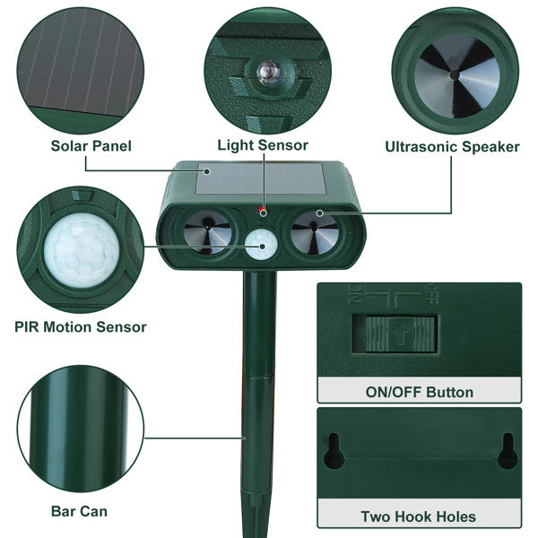 Ultrasonic Animal Repellent Solar Motion Sensor Repellent IPX4 Outdoor Waterproof