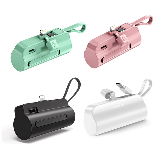 1Pc 5000mAh Portable Phone Charger Built-in Type-C IOS Cable Dual Output Power Bank Compact Size Compatible With IOS Phone
