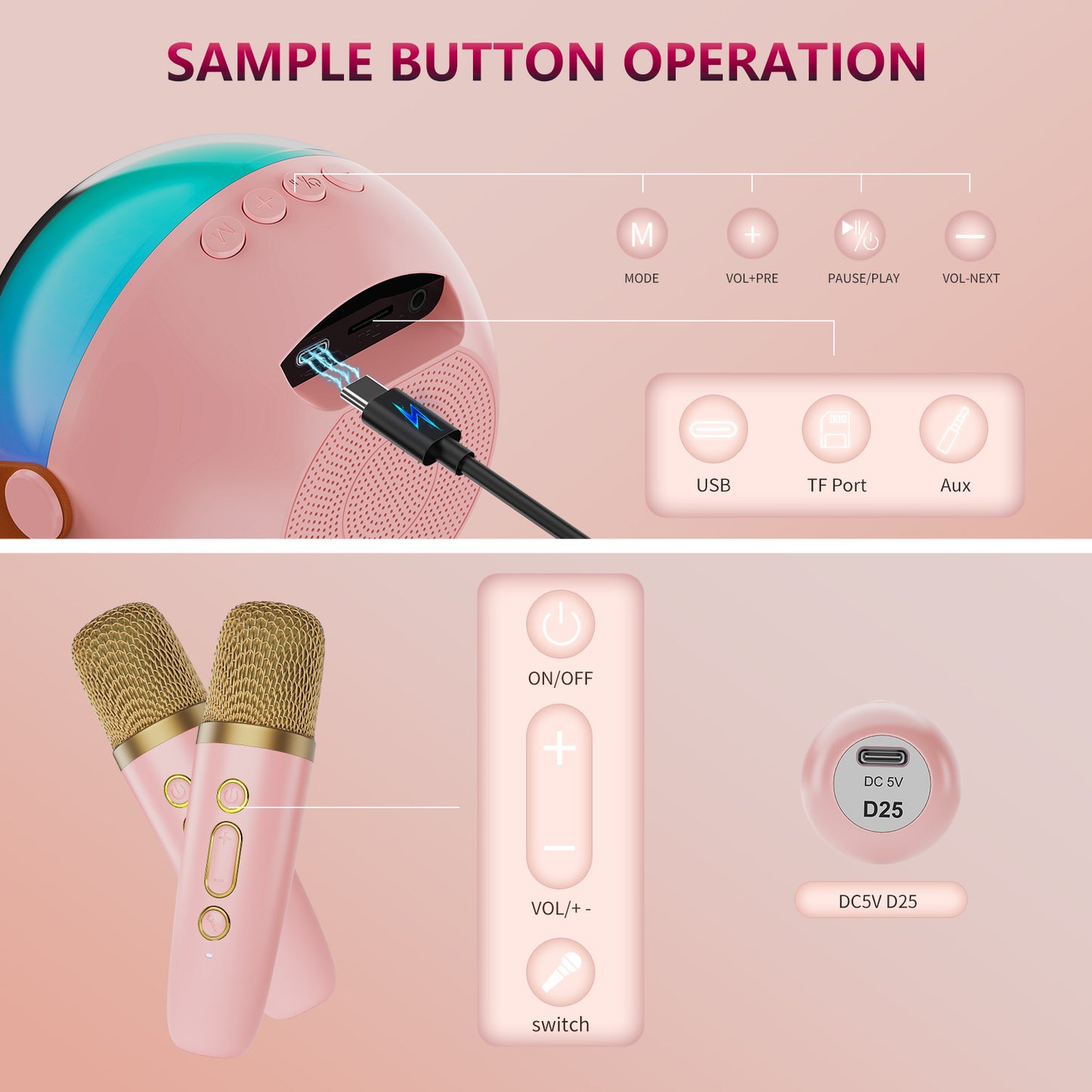 D25 Mini Karaoke Machine With Dazzling Lights And Wireless Microphones